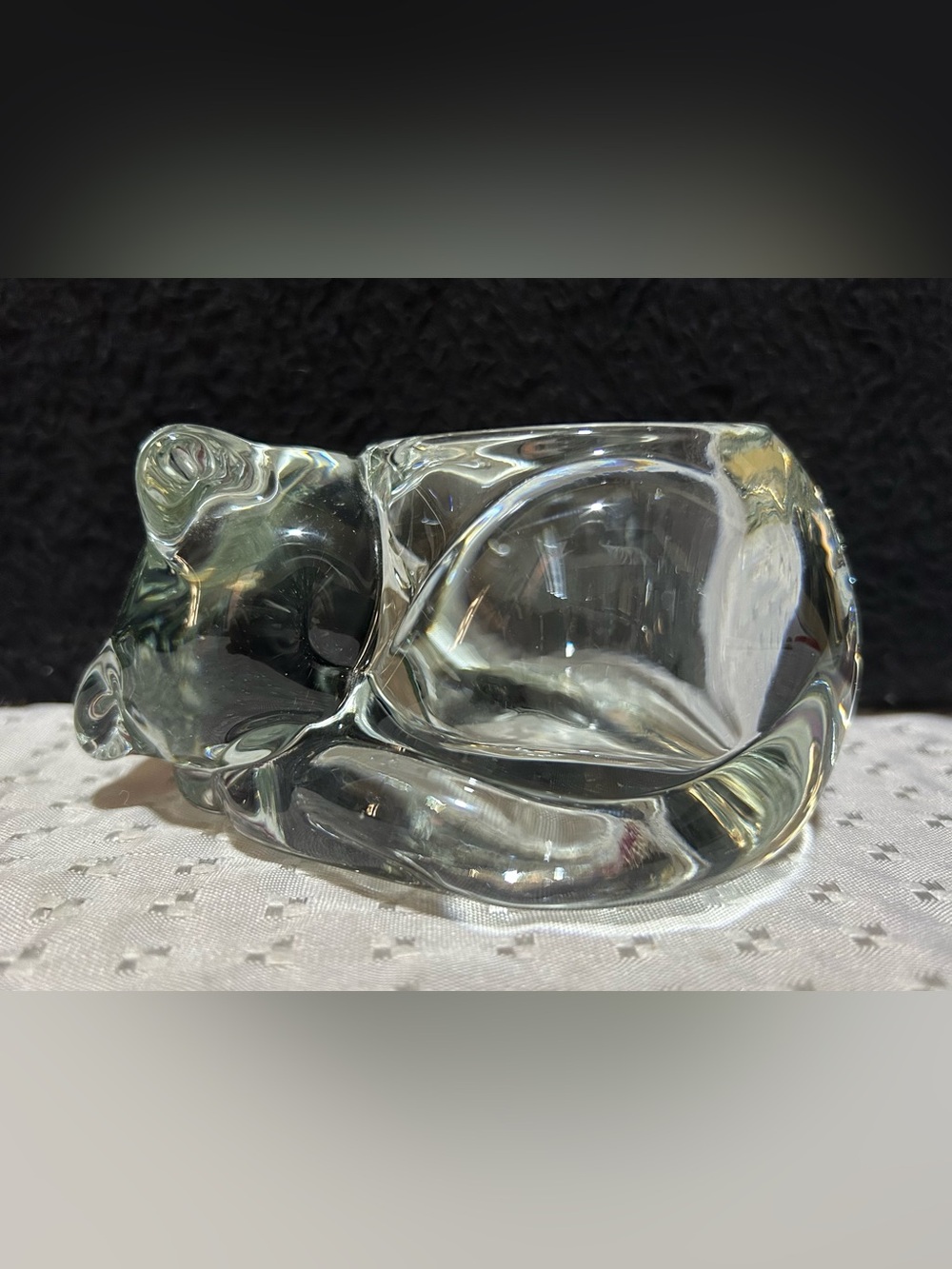Vintage Indiana Glass Clear Crystal Sleeping Cat Votive Candle Holder